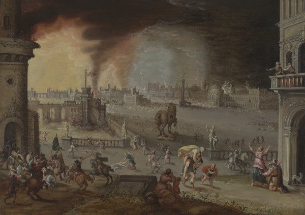 The Siege of Troy with Aeneas Fleeing While Carrying his Father, Anchises