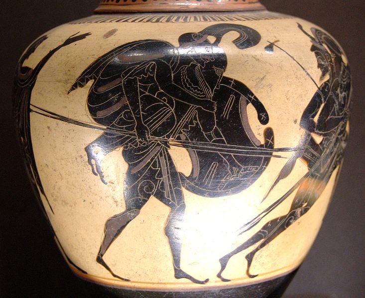 Aeneas carrying Anchises out of Troy. Attic black-figure oinochoe, 520–510 BC (Louvre F 118)