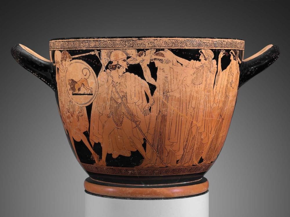 Aeneas, with a lion shield, accompanying Paris and Helen